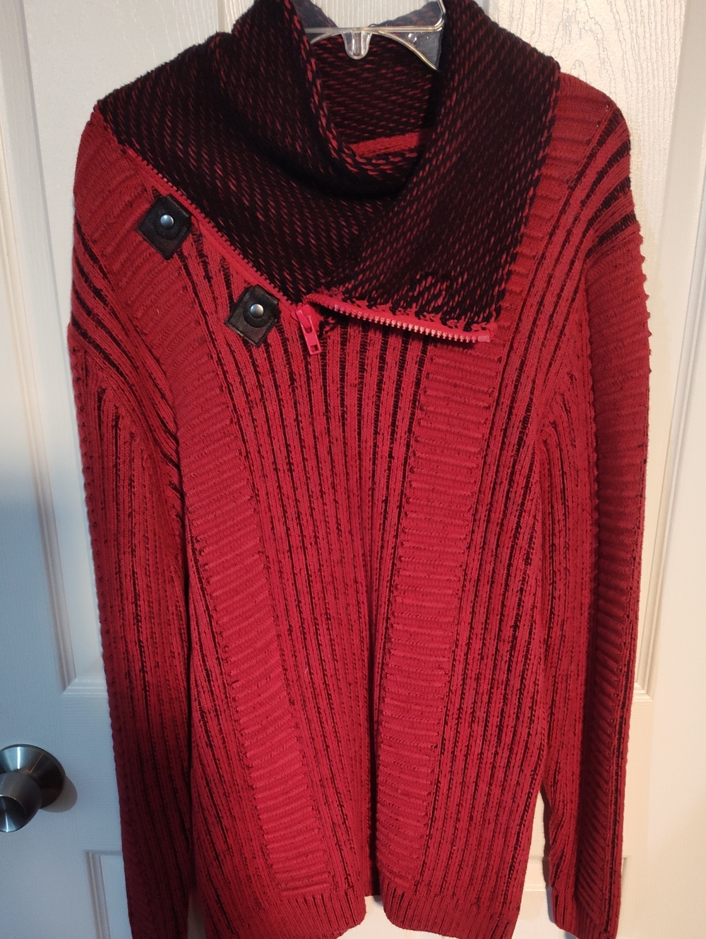 Men's Burgundy Ribbed Cowl-Neck Zip Sweater